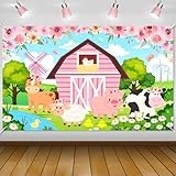 Avezano Farm Animals Backdrop for Kids Pink Floral Farm Animals Theme Birthday Baby Shower Party Decorations Girls Pink Barn Door Farm Animals Party Banner 70.8 x 43.3 Inch @ $4.99