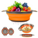 Collapsible Colander Basket 2 of Set，Vegetables Fruit Washing Basket Drain Tool，Small & Big Size Silicone Telescopic Colander with Handle For Kitchen/Home/Restaurant Round Shape 3 Color (Orange)