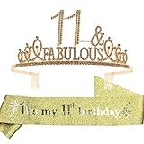 EBE EmmasbyEmma 11th Birthday Sash and Tiara for Girls – Fabulous Glitter Sash + Fabulous Rhinestone Gold Premium Metal Tiara for Girls, 11th Birthday Gifts for Princess Party @ $16.99