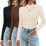 Ekouaer 3 Pack Mock Turtlenecks Tops for Women Long Sleeve Ribbed Shirts Thermal Slim Fit Lightweight Undershirts Brown/Beige/Black S