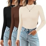 Ekouaer 3 Pack Mock Turtlenecks Tops for Women Long Sleeve Ribbed Shirts Thermal Slim Fit Lightweight Undershirts Brown/Beige/Black S