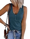 MEROKEETY Women’s V Neck Tank Tops Summer Sleeveless Ribbed Button Casual Henley Shirts, Dustyblue, M