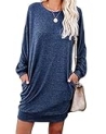 PrinStory Women’s Long Sleeves Dresses Causal Loose Round-Neck Tuinc Tops Basic Dress with Side Pockets US Small FP VG-Navy Blue @ $26.98