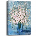 Jufahivos Bedroom Decor Wall Art Pink Flower in Blue Bottle Theme Picture Canvas Print Artwork Canvas Print Framed for Wall Decor for Bathroom Aesthetic Ready to Hang for Kitchen Office Decoration Art