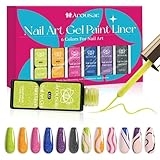 Arousar Gel Polish Nail Art Gel Liner Set, 6 Colors Neon Yellow Orange Pink Blue Glitter Gel Art Paint Polish for Swirl Nails Built Thin Brush in Bottle Soak off Led Lamp Manicure Kits @ $4.99