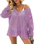 Womens Summer Tops Crochet Sweaters Swimsuit Cover Ups Hollow Out Loose Lightweight Beach Knit Pullover Purple