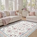 DCX Area Rug 4×6 Botanical Floral Washable Rugs in Ivory and Dusty Rose Pink Soft Non Slip Low Pile Stain Resistant Carpet for High-Traffic Areas Bedroom Kitchen Entryway