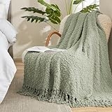 Amélie Home Summer Throw Blanket Chunky Fluffy Knit Throw Blankets Textured Mulberry Throw Blanket with Handmade Tassels Woven Luxury Farmhouse Throw for Couch Bed, Sage Green, 50×60 @ $42.99