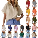 LIBRARY Women Cotton Linen Button Down Shirts Casual Plus Size V Neck 3/4 Sleeve Shirts Long Sleeve Sun Protection Shirts A-Black @ $27
