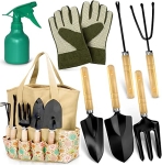 Scuddles Garden Tools Set – 8 Piece Heavy Duty Gardening Kit with Storage Organizer, Ergonomic Hand Digging Weeder Rake Shovel Trowel Sprayer Gloves Gift for Men Or Women