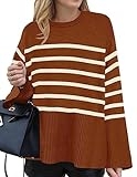 ZESICA Women’s 2024 Fall Winter Striped Sweaters Long Sleeve Crew Neck Ribbed Knit Side Slit Oversized Pullover Sweater Tops,Caramel,Large @ $28.04