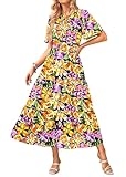KIRUNDO Womens Fashion 2025 Spring Summer Casual Flutter Short Sleeve Midi Dress Smocked Tiered Aline Going Out Dresses(Navy Yellow Purple, XX-Large)