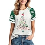 Christmas Shirts for Women: 2025 Fashion Color-Blocking Creativity Botany Cartoon Costumes Short Sleeve Printed Shirt Green