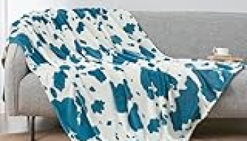 Cozy Bliss Cow Print Throw Blanket Non Shedding MilkyPlush™ Fleece 330GSM Thick Blankets Western Room Decor Super Soft Warm for Adults Kids Girl Gifts Bedroom Couch Sofa Travel Teal Blue 50