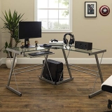 Walker Edison Ellis Modern Glass Top L Shaped Corner Gaming Desk with Computer Keyboard Tray @ $67.14