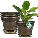 Plant Planters Pots Set of 4 Pack 11 Inch, Plastic Flower Pot for Indoor Plants with Drainage Holes & Trays, Resin Decorative Container Sets with Saucer for House Outdoor Garden Planters Dark Gold @ $35.99