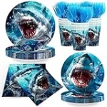 120pcs Shark Party Plates Napkins Shark Birthday Party Supplies Paper Cups Under the Sea Theme Dinner Tableware Paper Plates for Boys Kids Birthday Party Serve 24 Guests
