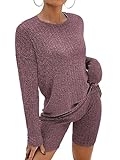 Ekouaer Pajamas 2 Piece Lounge Sets Ribbed Knit Matching Outfits Long Sleeve Biker Shorts Set Sleepwear Loungewear for Women Burgundy Small @ $19.99