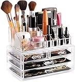 Masirs Clear Makeup Organizer – 16-Compartment Cosmetic and Jewelry Holder, 4-Drawer Vanity Storage, Elegant Clear Design for Makeup and Accessories