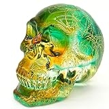 FZBHRO Crystal Skull Head Statues Clear Skull Figurines K9 Glass Skull Gemstone Halloween Decor Gifts for Women Plating Green Yellow with Texture 2.8