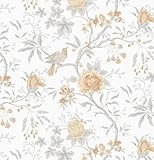 CiCiwind Floral Bird Peel and Stick Wallpaper Boho Farmhouse Wall Paper Peel Stick Modern for Bedroom Removable Self Adhesive Light Grey Leaf Contact Paper for Cabinets Shelf Drawer 17.3
