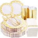 YOUBET 25Guest Gold Plastic Plates with Gold Disposable Cutlery &Gold Plastic Cups-Party Plates and Napkins for Wedding&Parties @ $20.50