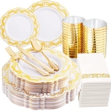YOUBET 25Guest Gold Plastic Plates with Gold Disposable Cutlery &Gold Plastic Cups-Party Plates and Napkins for Wedding&Parties @ $20.50
