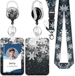 ID Badge Holder with Lanyard, Cute Reel Retractable Heavy Duty and Detachable Name Tag Clips, Dark Color Snowflake Lanyard Vertical ID Card Protector Case for Women Nurse Doctor Teacher Student @ $3.89