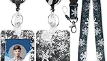 ID Badge Holder with Lanyard, Cute Reel Retractable Heavy Duty and Detachable Name Tag Clips, Dark Color Snowflake Lanyard Vertical ID Card Protector Case for Women Nurse Doctor Teacher Student @ $3.89