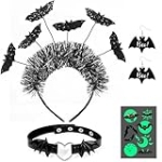 PABOBIT Halloween Black Bat Headband, 5 PCS Costume Accessories Set with Glitter Bat Ears Headband, Leather Choker, Bat Earrings and Tattoos for Women Carnival Cosplay Party @ $3.79