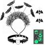PABOBIT Halloween Black Bat Headband, 5 PCS Costume Accessories Set with Glitter Bat Ears Headband, Leather Choker, Bat Earrings and Tattoos for Women Carnival Cosplay Party @ $3.79