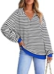 EVALESS Womens Sweatshirt Fall Outfits for Women 2024 Casual Oversized Striped Color Block Long Sleeve Shirts Cute Comfort Color Sweatshirts Fashion Loose Fit Quarter Zip Pullover Tops Black Medium @ $15