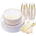 U-QE 350 Piece Gold Dinnerware Set 50 Guest-100 Gold Dot Plastic Plates-50 Gold Plastic Silverware-50 Gold Plastic Cups-50 Gold Dot Paper Napkins, Disposable Gold Plastic Plates for Party & Wedding