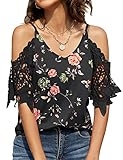 TFSDOD Print Cold Shoulder Tops for Women V Neck Lace Cutout Tunics Shirts Casual Short Sleeve Shirts Black Red Floral Small