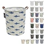laundry baskets,bedroom hamper,kitchen organization,GodenMoninG 62.8L Waterproof Round Cotton Linen Collapsible storage basket. (Grey Striped Shark) @ $10.00