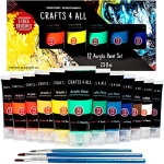 Crafts 4 All Acrylic Paint Set – 12 Vibrant Craft Paint Colors in Extra-Large Tubes (75ml) w/ 3 Bonus Brushes – Art Supplies for Painting on Canvas, Christmas Decorations, Wood, Ceramics & Fabric