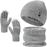 Mens Winter Hat Scarf Gloves 3 in 1, Fleece Lined Thick Warm Beanie Hats for Men, Knit Slouchy Skull Caps @ $10.68