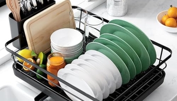 Kitsure Dish Drying Rack for Kitchen Counter, Stainless Steel Sink Organization and Storage Essentials with Cutlery Holder, Home and Appartment Decor, 12”W x 15.5”L, Black @ $8.99