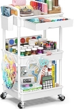 3 Tier Rolling Cart with Drawer, Bathroom Storage Organizer with 2 Lockable Wheels, Multifunctional Rolling Storage Cart for Bathroom, Kitchen, Office, Craft, Makeup, Baby Essentials, White @ $13.74