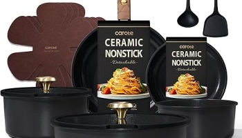 CAROTE 15Pcs Ceramic Cookware Set, Pots and Pans Set Non stick, Kitchen Cooking Set with Detachable Handle, Non Toxic Induction Cookware, Dishwasher/Oven Safe, PFAS Free, Black&Gold @ $45.99