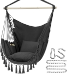 Y- STOP Hammock Chair Hanging Rope Swing, Max 500 Lbs, 2 Cushions Included, Large Macrame Hanging Chair with Pocket, Cotton Weave for Superior Comfort, Durability (Dark Grey) @ $24.99