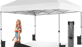 OLIXIS 10x10ft Pop Up Canopy Tent, Heavy Duty 1-Person One Push Setup, Portable Outdoor Shelter for Beach, Events, Camping Includes Rolling Carry Bag, White @ $59.98