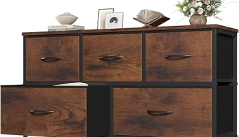 OLIXIS 5 Drawer Dresser for Bedroom, Closet Chest Organizer Furniture, TV Stand for Living Room Hallway, Wide Fabric Storage Tower with Wooden Top and Metal Frame, Brown @ $29.98