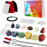 19Pcs Healing Crystals Stones Set, Chakra Quartz Kit Includes 7 Raw and 7 Tumbled Stones, 1 Selenite Crystal for Charging, 1 Clear Crystal Column, 1 Lava Bracelet, 2 Agate Necklace