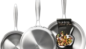 CAROTE 3-Piece Tri-Ply Stainless Steel Frying Pan Set, Skillet Set 8″/10″/12″, Induction Compatible, Oven & Dishwasher Safe, Silver Handle @ $34.99
