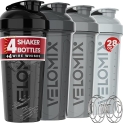 VELOMIX -4 Pack- 28 oz Protein Shaker Bottles for Protein Mixes – 4x Wire Whisk | Leak Proof Shaker Cups for Protein Shakes | Protein Shaker Bottle Pack (Silver Mix) @ $9.99