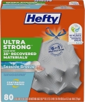 Hefty Ultra Strong 13 Gallon Trash Bags, Tall Kitchen Trash Bags Made with Recovered Materials, Including Coastal Plastic, Drawstring, Resists Leaks and Punctures, Gray, Seaside Breeze Scent, 80 Bags @ $10.37