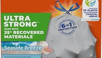 Hefty Ultra Strong 13 Gallon Trash Bags, Tall Kitchen Trash Bags Made with Recovered Materials, Including Coastal Plastic, Drawstring, Resists Leaks and Punctures, Gray, Seaside Breeze Scent, 80 Bags @ $10.37
