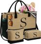 YOOLIFE Christmas Gifts for Women – Initial Jute Tote Bag & 2 Makeup Bags Personalized Gifts for Women Teacher Mom Friend @ $12.59