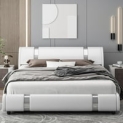Homfa Full Size Modern Leather Upholstered Platform Bed Frame with Adjustable Headboard (White) @ $199.99